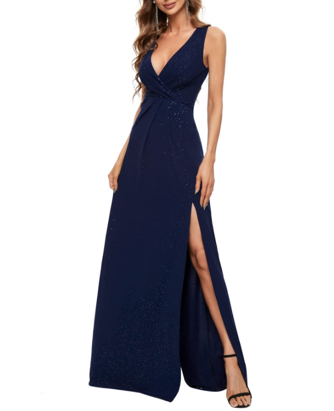 Navy Women's V-Neck Glitter Dress Side Split Prom Dress